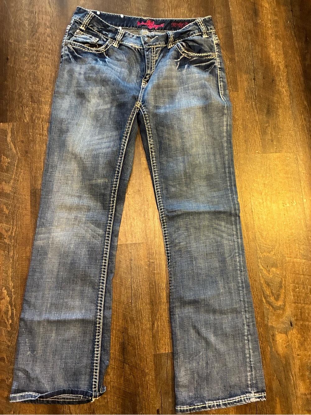 Rock & Roll Cowgirl Jeans Womens 32x34 Mid Rise Bootcut Rhinestone Embroidered